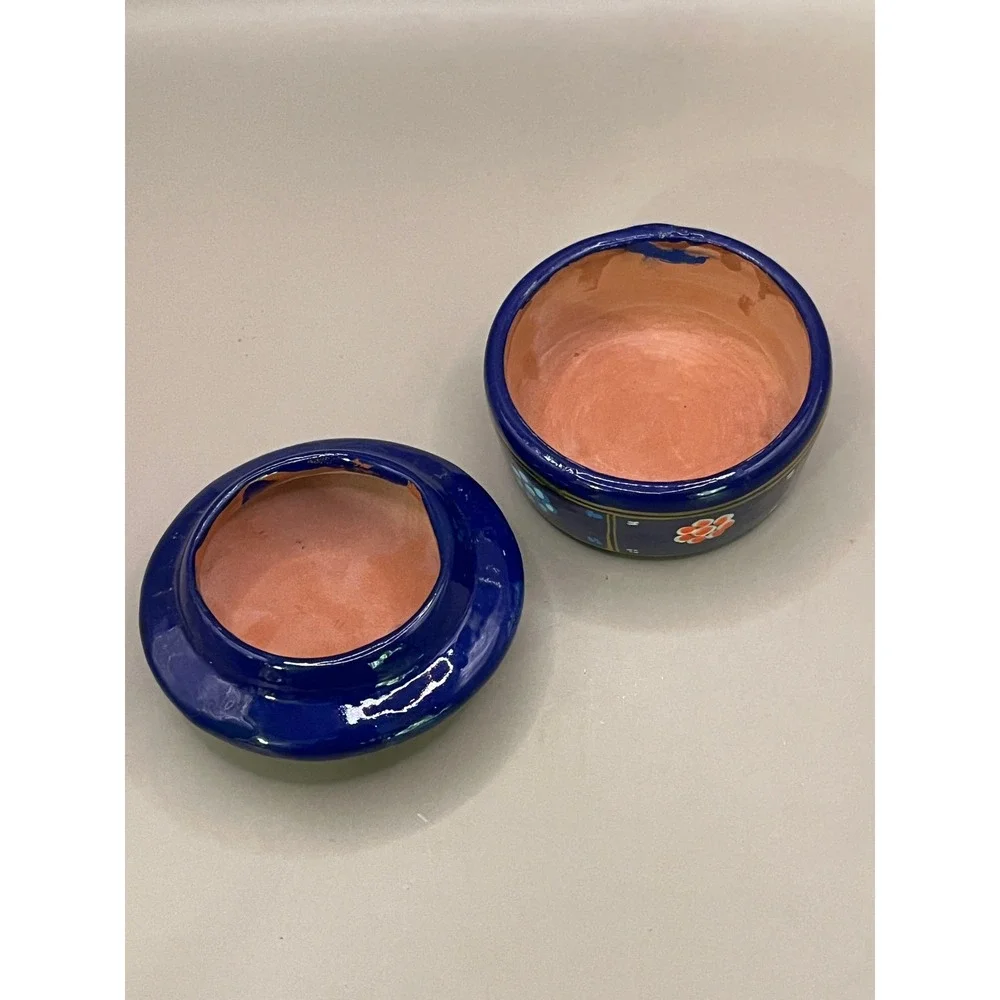 Sun Moon Stars Celestial Redware‎ Trinket Box Cobalt Blue 2.5